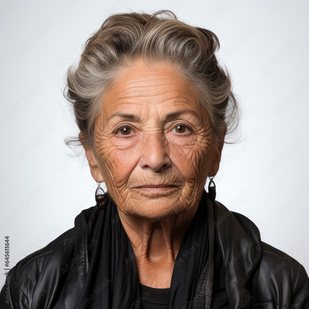 A polished studio head shot capturing the longing expression of an 82-year-old Latino woman. A polished studio head shot capturing the longing expression of an 82-year-old Latino woman.