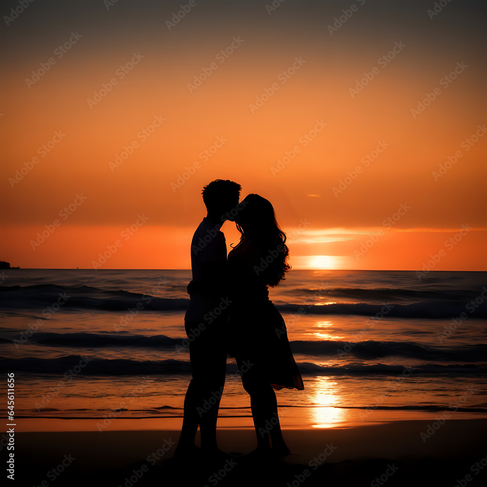silhouette of a couple on the beach, Couple's silhouette against the breathtaking sunset on a tranquil beach, son, two, child, nature, dusk