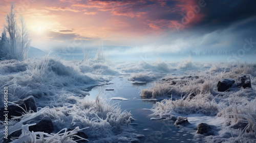 A hyper-realistic fantasy marsh in winter with ethereal fog, ice patterns, and snow-covered rocks. © GraphicsRF