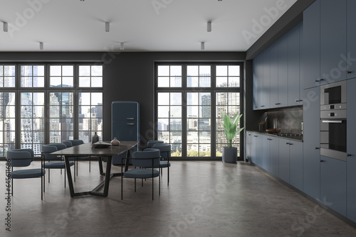 Dark home kitchen interior with dining and cooking area, panoramic window © ImageFlow