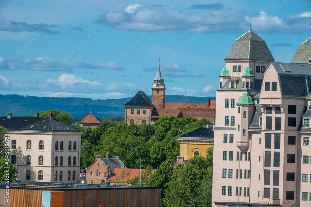 View of the Oslo skyline and Akerhus fortress from Bjørvika in Central Oslo, Norway.