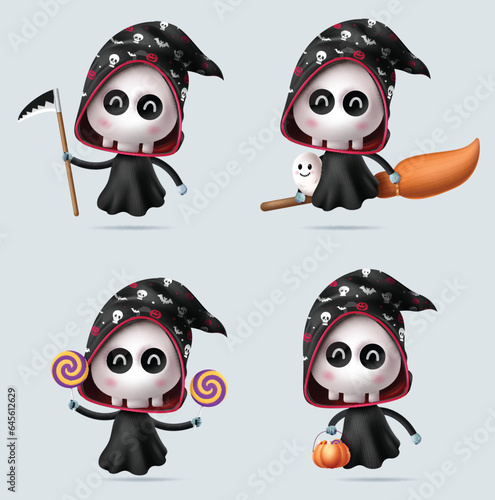 Halloween grim reaper characters vector set design. Halloween grim reaper cute character collection wearing robe and black hood costume elements decoration. Vector illustration grim reaper collection.