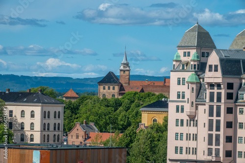 View of the Oslo skyline and Akerhus fortress from Bjørvika in Central Oslo, Norway.