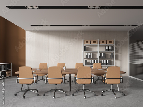 Modern meeting room interior with armchairs and board, shelf with documents © ImageFlow
