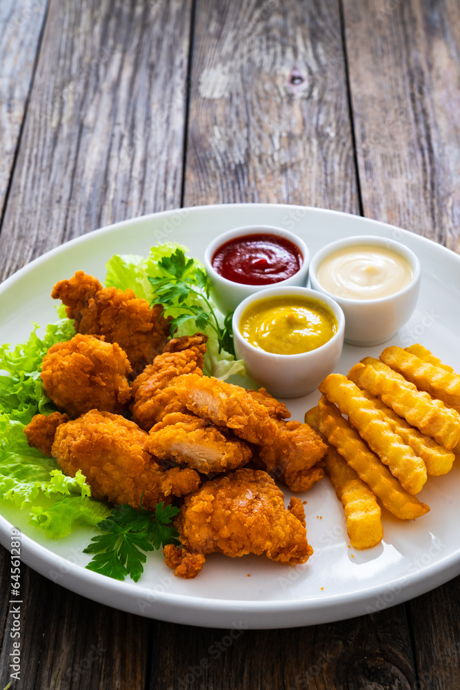 Seared breaded chicken nuggets with French fries on wooden table
Seared breaded chicken nuggets with French fries on wooden table
