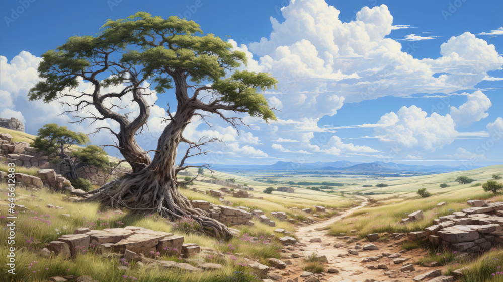 Vast expanse of open plains with swaying tall grasses, occasional trees and rocks.