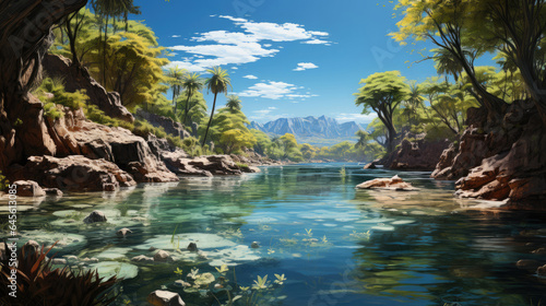 A hyper-realistic fantasy island with turquoise waters, white sands, and tall palm trees surrounded by sharp rocks emerging from the depths.