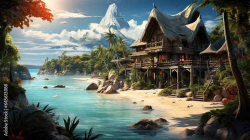A hyper-realistic fantasy island with turquoise waters, white sands, and tall palm trees surrounded by sharp rocks emerging from the depths.