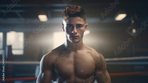Boxing Grit: Young Boxer's Intense Gaze at the Camera, Revealing True Masculine Determination in the Gym.