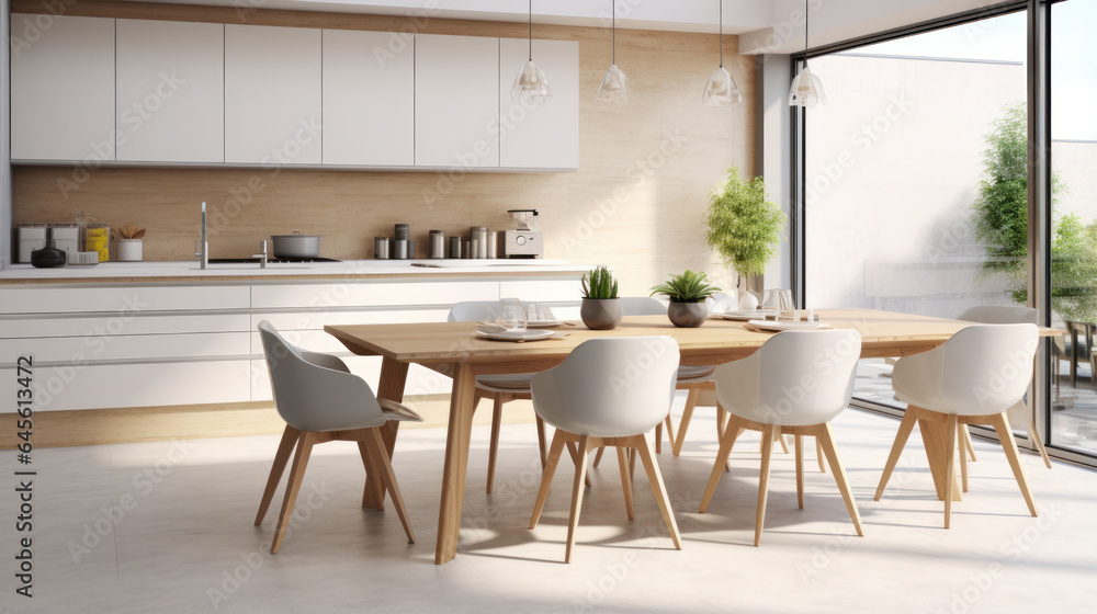 Fototapeta premium Scandinavian Kitchen Charm: Modern Interior Design with Dining Table and Chairs