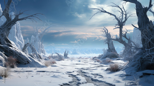 A hyper-realistic fantasy tundra in winter with icy winds shaping snow dunes and stones peeking out under a grey sky.