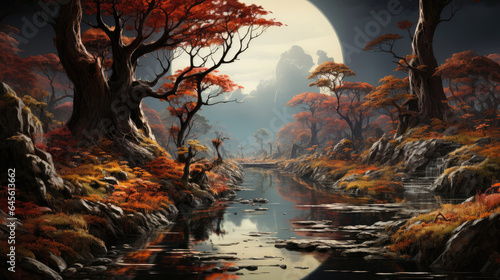 Hyper-realistic fantasy forest in autumn with fallen leaves and swaying trees. © GraphicsRF