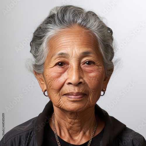 A 69-year-old Southeast Asian woman with a skeptical expression captured in a charming studio headshot.