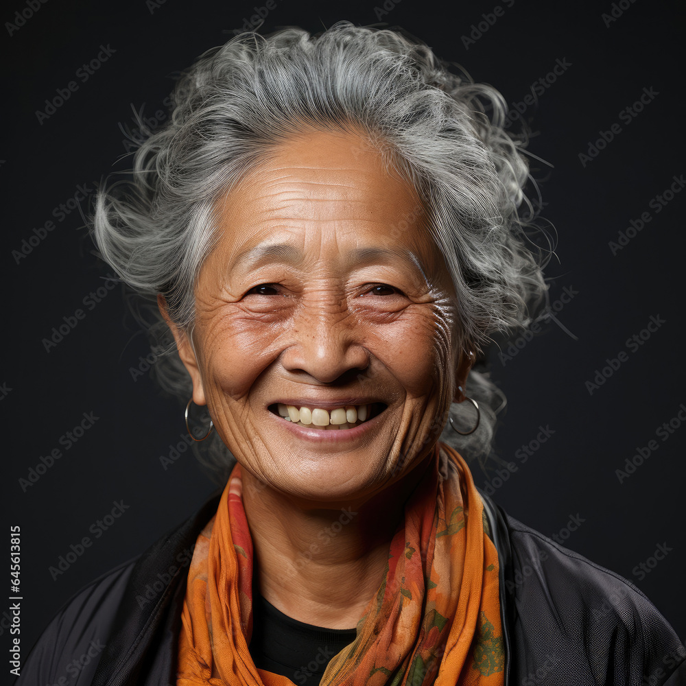 A 70-year-old woman from Southeast Asia radiates joy in a close-up studio portrait.