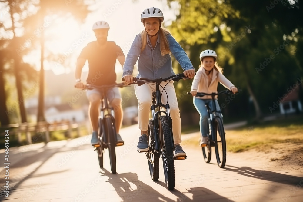 close up happy family caucasian dad, mom and kid ride each bicycles in park in morning