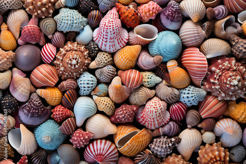 Multicolored sea shells that is large and colorful,, , packed with hidden details, panel composition mastery, , nature - based patterns