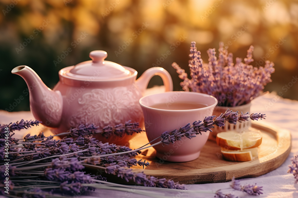 two tea sets, in the style of serene and peaceful autumn ambiance, lavender color palette, soft and dreamy atmosphere, soft-focus, two tea sets, in the style of serene and peaceful autumn ambiance, lavender color palette, soft and dreamy atmosphere, soft-focus,