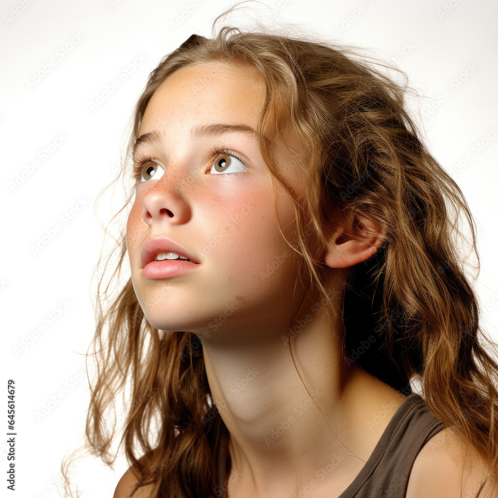 Professional studio head shot of a playful 14-year-old Caucasian girl, eyes looking up left. Professional studio head shot of a playful 14-year-old Caucasian girl, eyes looking up left.