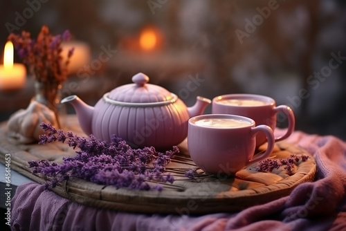 two tea sets, in the style of serene and peaceful autumn ambiance, lavender color palette, soft and dreamy atmosphere, soft-focus,