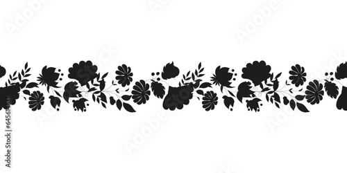 Border of flowers. Poppies and daisies are drawn by hand. Horizontal frame from botanical elements.