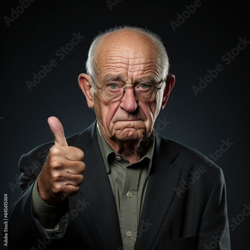 Professional head shot of a 70-year-old man looking down with a puzzled expression, while giving a thumbs up.