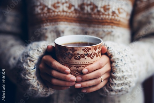 close-up of hands holding a steaming cup of cocoa