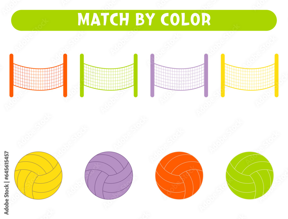 Match volleyball nets and balls by color. Educational game. Worksheets