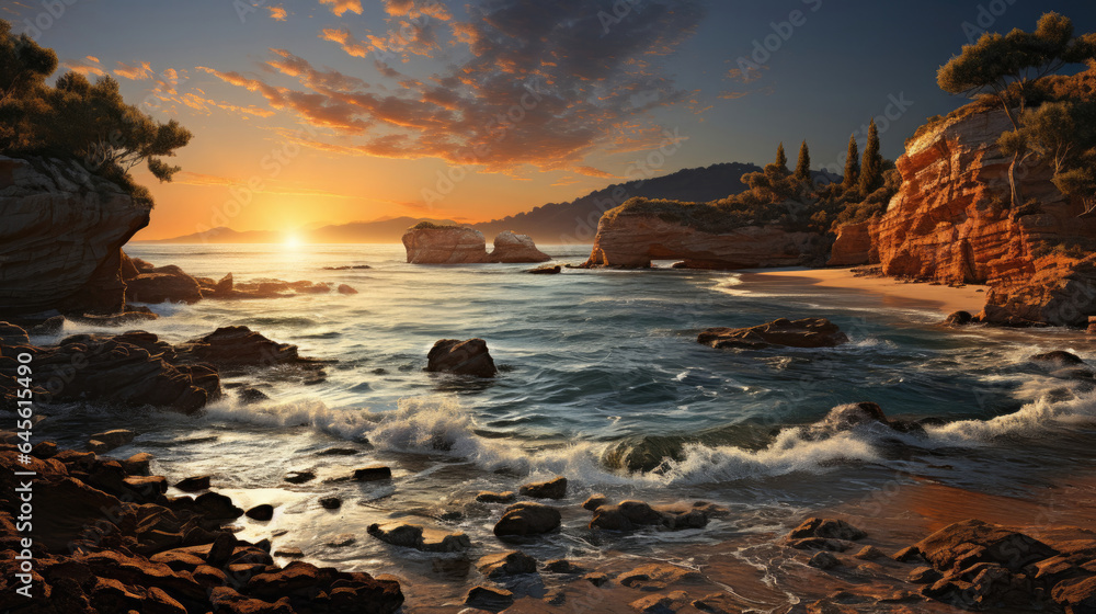A breathtaking hyper-realistic fantasy coastline at sunrise with gentle waves, sandy shores, and tall cliffs casting long shadows on the beach.