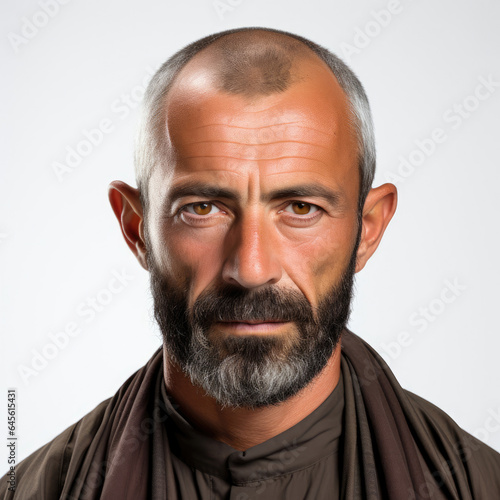 Professional studio head shot of a 40-year-old Middle Eastern boy looking down right and giving a thumbs up.