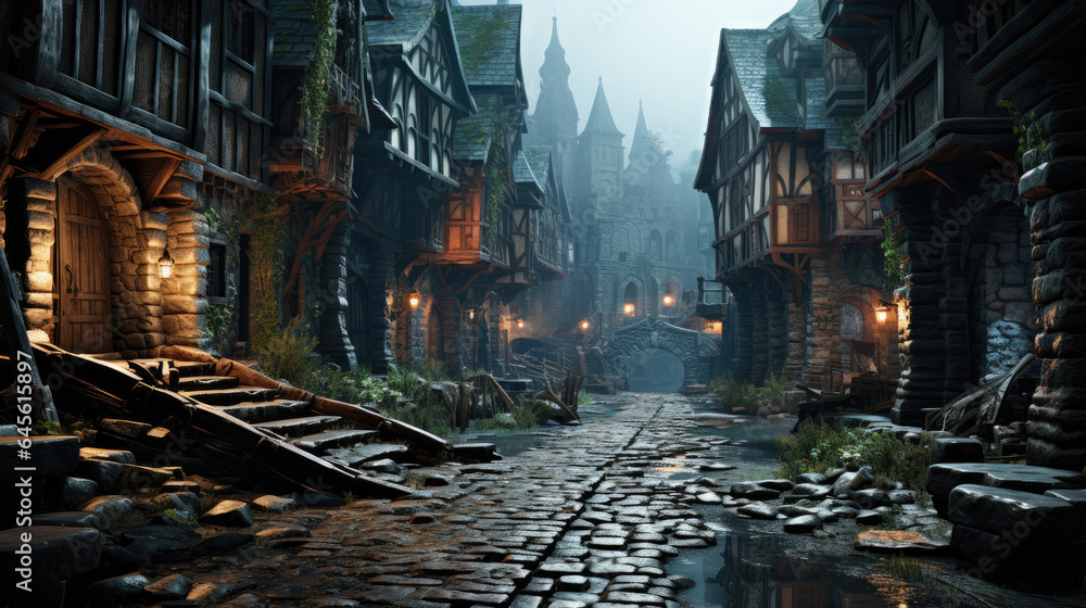 Crumbled buildings and weathered stones tell tales of old in this hyper-realistic fantasy city.