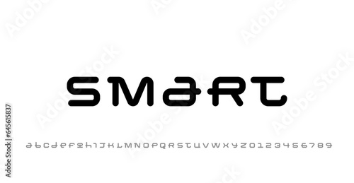 Technical wide thick font, cyber alphabet, trendy digital bold rounded letters from A to Z and numbers from 0 to 9, vector illustration 10EPS