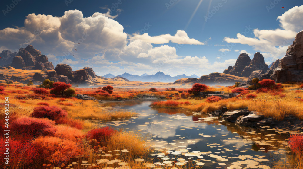 Hyper-realistic fantasy plains in autumn with golden hues dominating and a pond reflecting the cloudy sky.