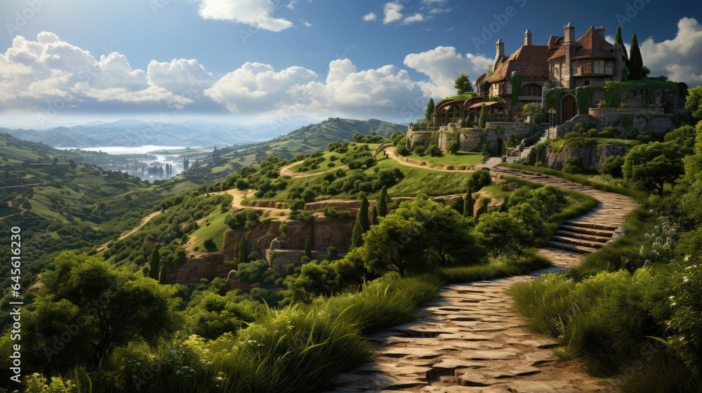 Terraced rows of grapevines curve gracefully, paths lined with crushed stones. Terraced rows of grapevines curve gracefully, paths lined with crushed stones.
