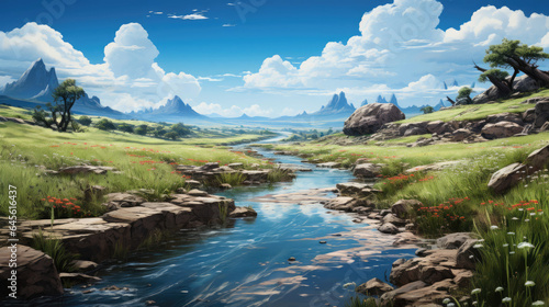Tall grasses sway in rhythm as a clear and bright river cuts through smooth rocks, creating a picturesque scene.
