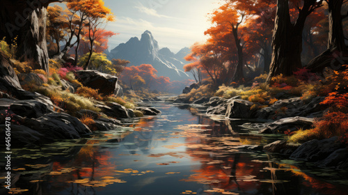 Hyper-realistic fantasy valley with trees ablaze in golden hues.