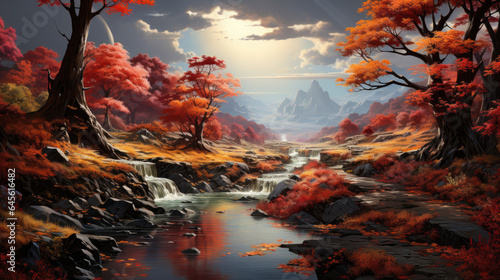 Hyper-realistic fantasy valley with trees ablaze in golden hues. © GraphicsRF