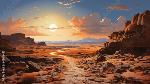 A hyper-realistic fantasy desert with golden sands stretching to the horizon and a few large rocks standing alone  casting long shadows under a setting sun.