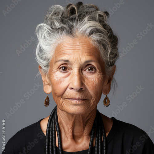 A harmonious studio head shot of a reserved 77-year-old South Asian woman. © GraphicsRF
