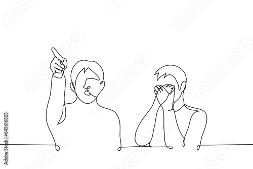 man points finger somewhere up and other puts his palms to mouth in shock - one line art vector. concept of interest in seeing something shocking, frightening, outrageous, UFO