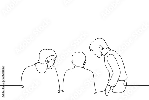 men look around watching a man sitting with his back to them - one line art vector. concept friends are worried, people around can or want to help or are curious