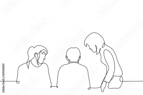 women look around watching man sitting with back to them - one line art vector. only man in female team, interest of opposite sex, avoiding relationships, colleagues are worried, people want to help