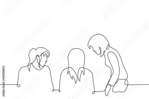 women look around watching a woman sitting with her back to them - one line art vector. girlfriend concept worried, people around can or want to help or are curious