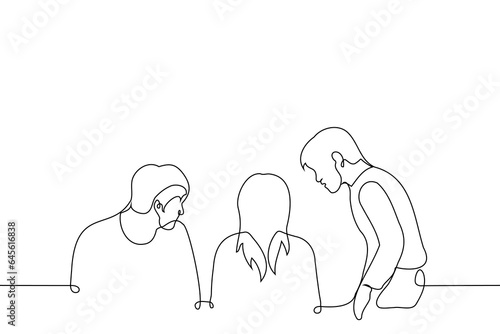 men look around watching a woman sitting with her back to them - one line art vector. concept of the only woman in a male team, interest of the opposite sex, avoiding relationships