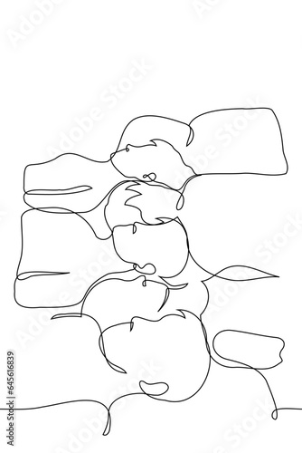 people lie next to each other heads first - one line art vector. people's bodies are laid out in a row. human resource concept, road of people