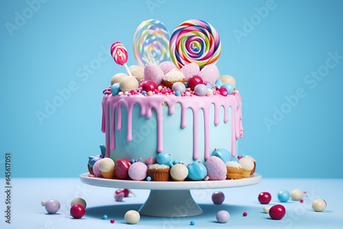 Birthday cake over blue background, generative AI
