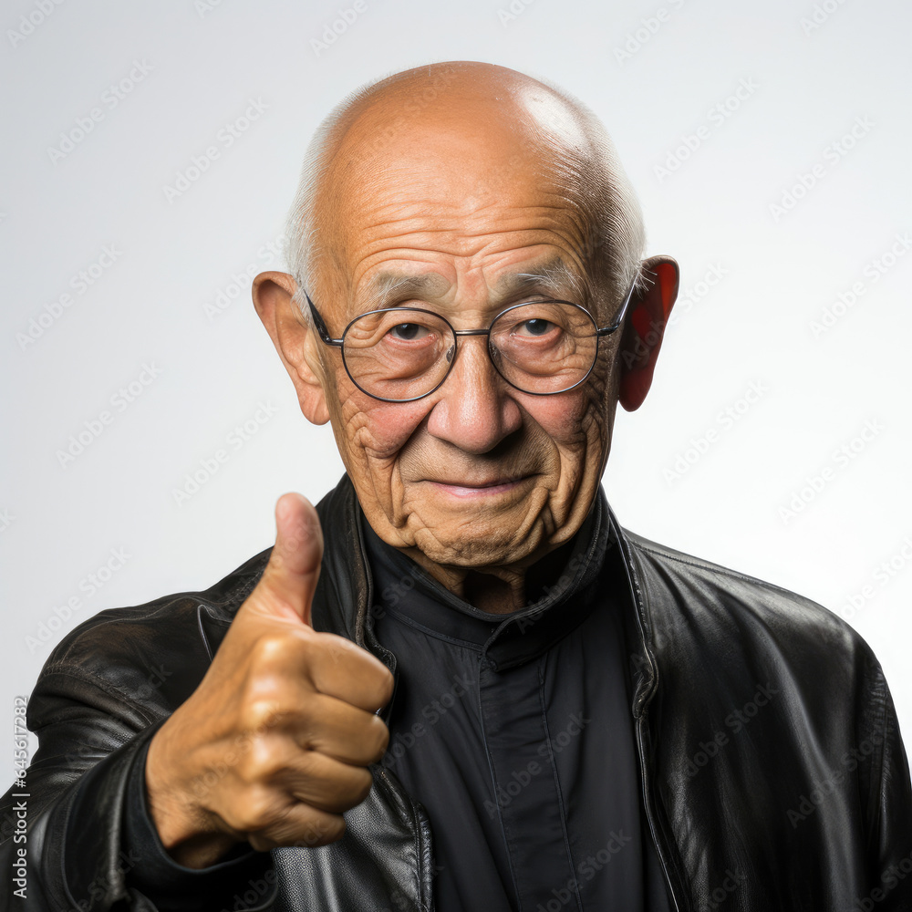 Professional studio head shot of a 75-year-old Southeast Asian man looking right and giving a thumbs up. Professional studio head shot of a 75-year-old Southeast Asian man looking right and giving a thumbs up.