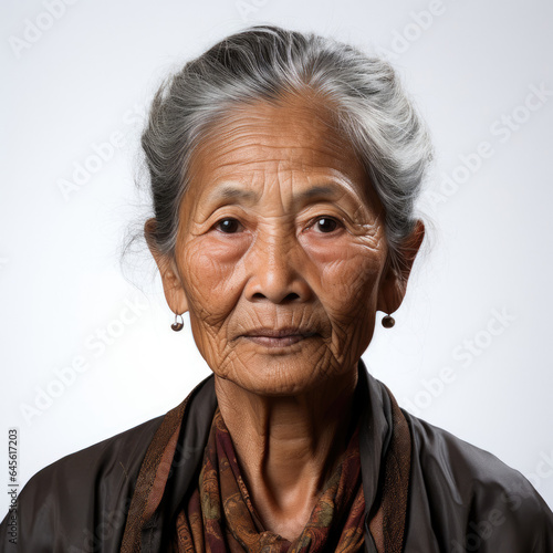 Exemplary studio headshot of a 73-year-old Southeast Asian woman looking wary.