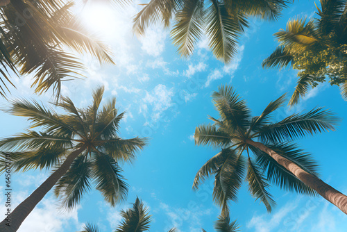 Tropical coconut palm trees with clear blue sky as copy space background low angle view. Generative AI © natalystudio