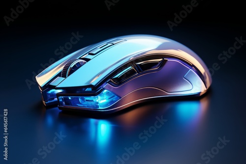 Computer mouse with blue light on a black background. 3d rendering