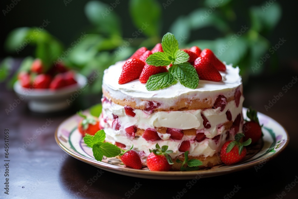 Strawberry cake with whipped cream and fresh strawberries on dark background.Generative Ai Strawberry cake with whipped cream and fresh strawberries on dark background.Generative Ai